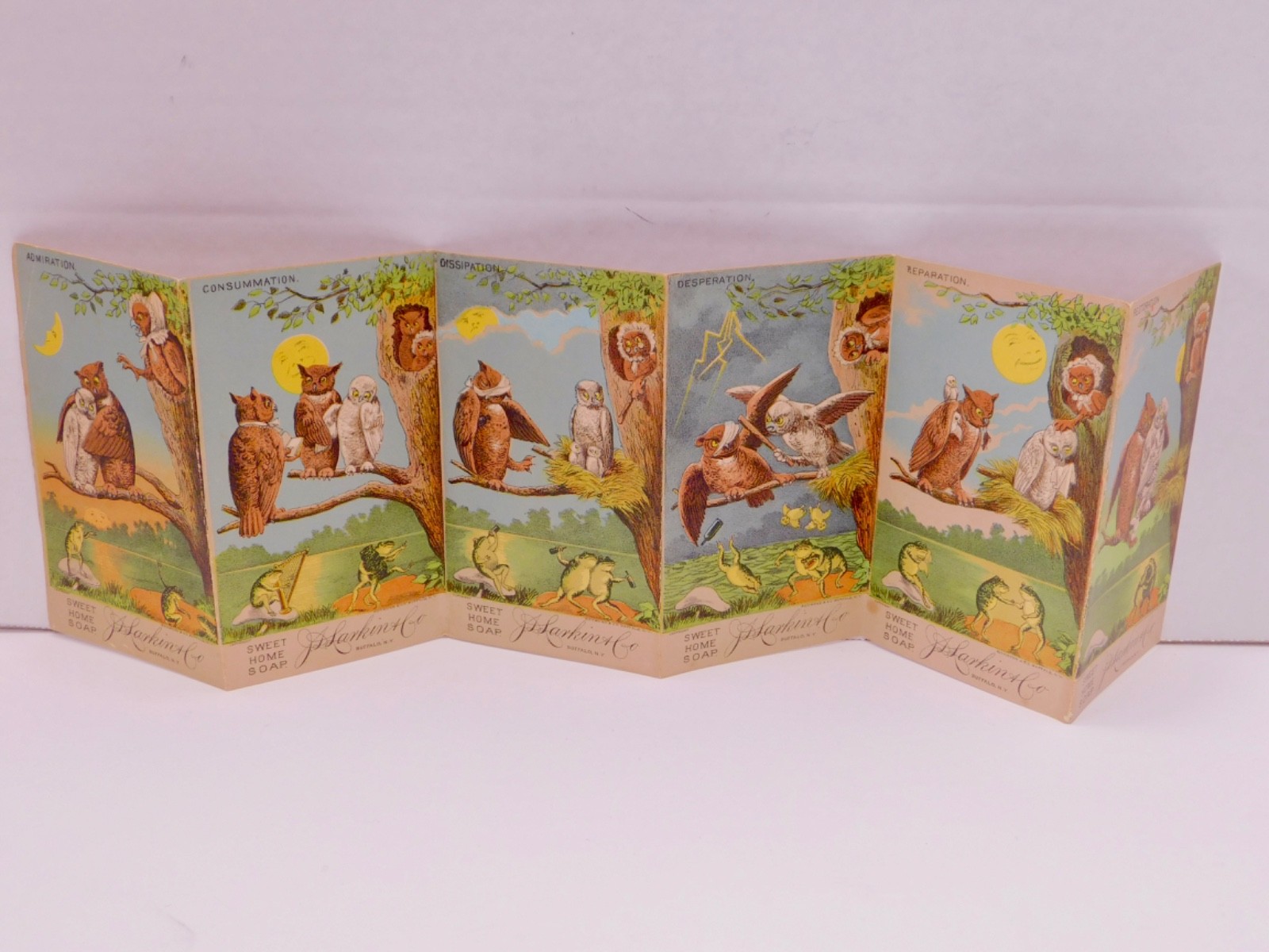 Antique Larkin Sweet Home Soap Fold Out Trade Cards Owl Family Frogs 1886
