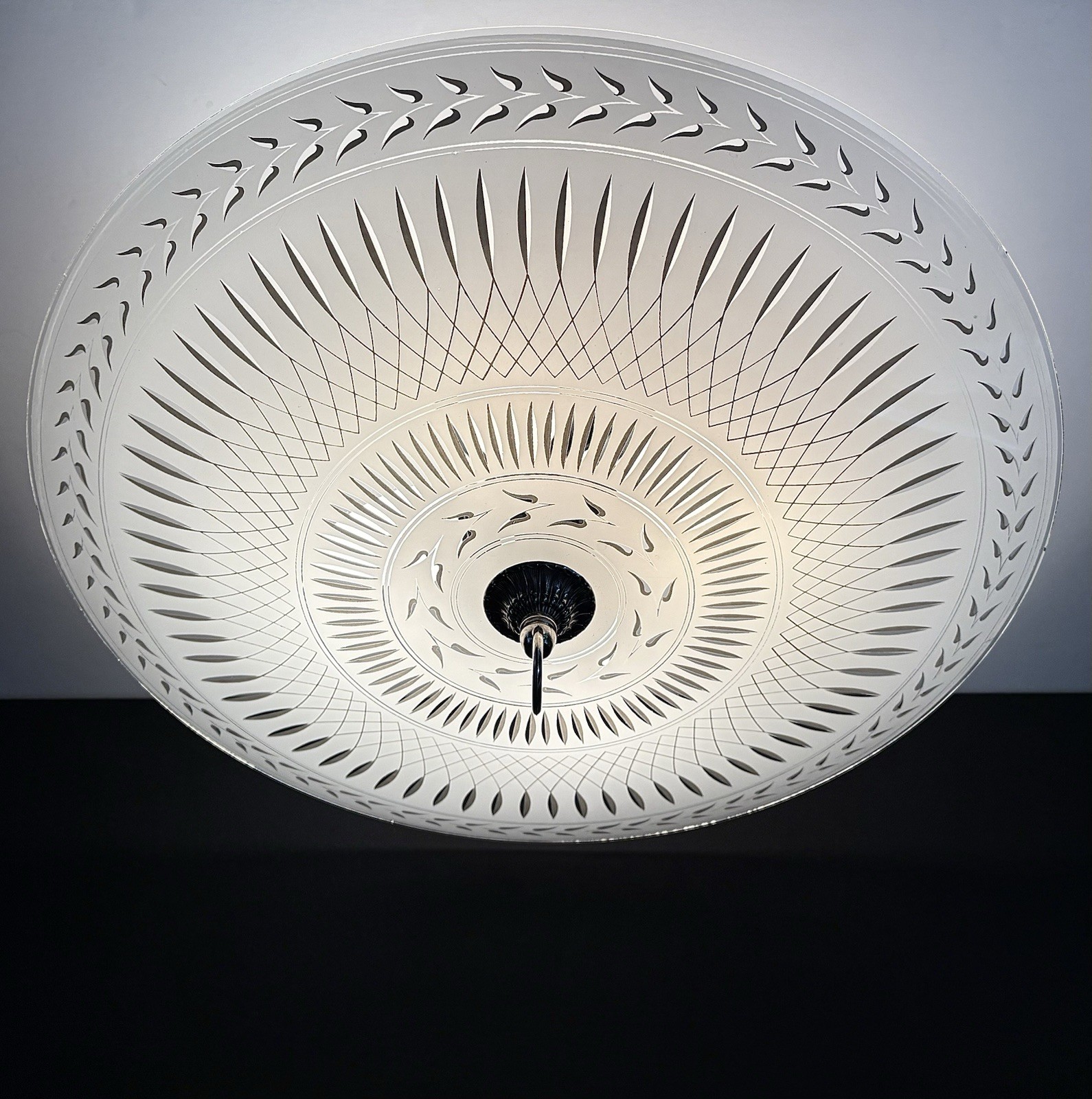 Vintage Large 19” Diameter Art Deco Gatsby White Chrome Ceiling Light Fixture