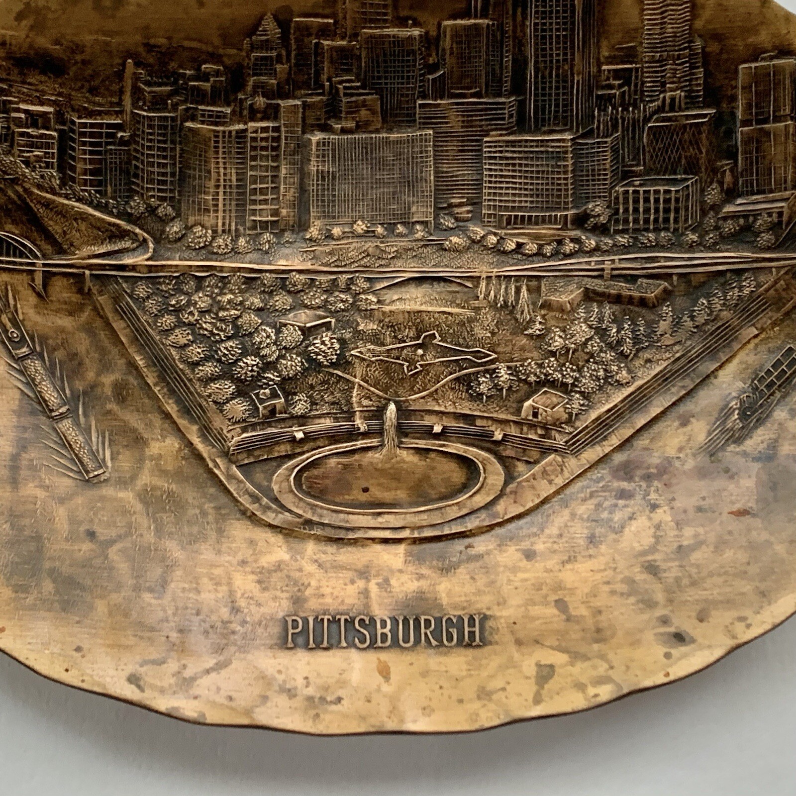 Hammered Bronze Oval Tray Scenic Pittsburgh Handmade by Natale Leesburg PA 6.75”