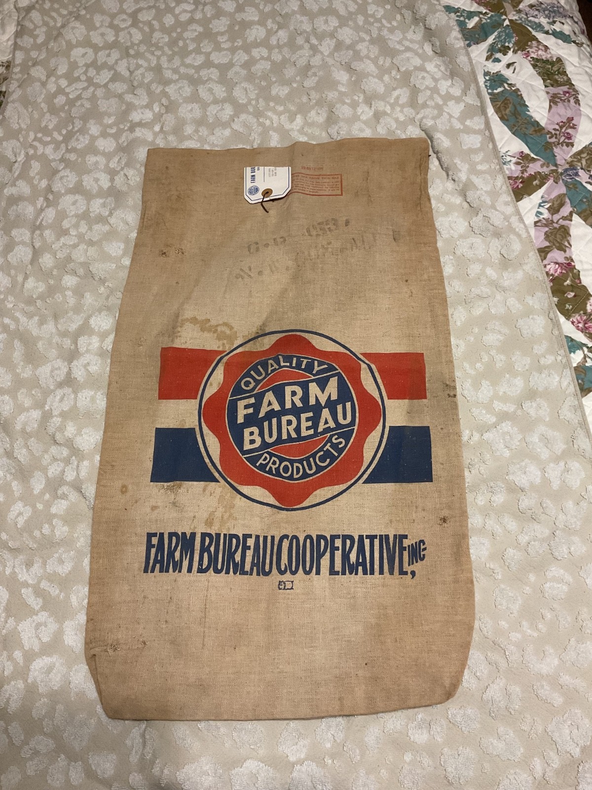Quality Farm Bureau Products Red and Blue Graphics Cloth Seed Bag (READ) As Seen