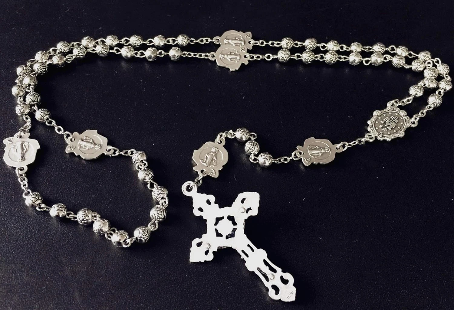 HANDMADE Silver Rose Beads Catholic 5 DECADE Rosary Case Cross Gift Box Italy Cr