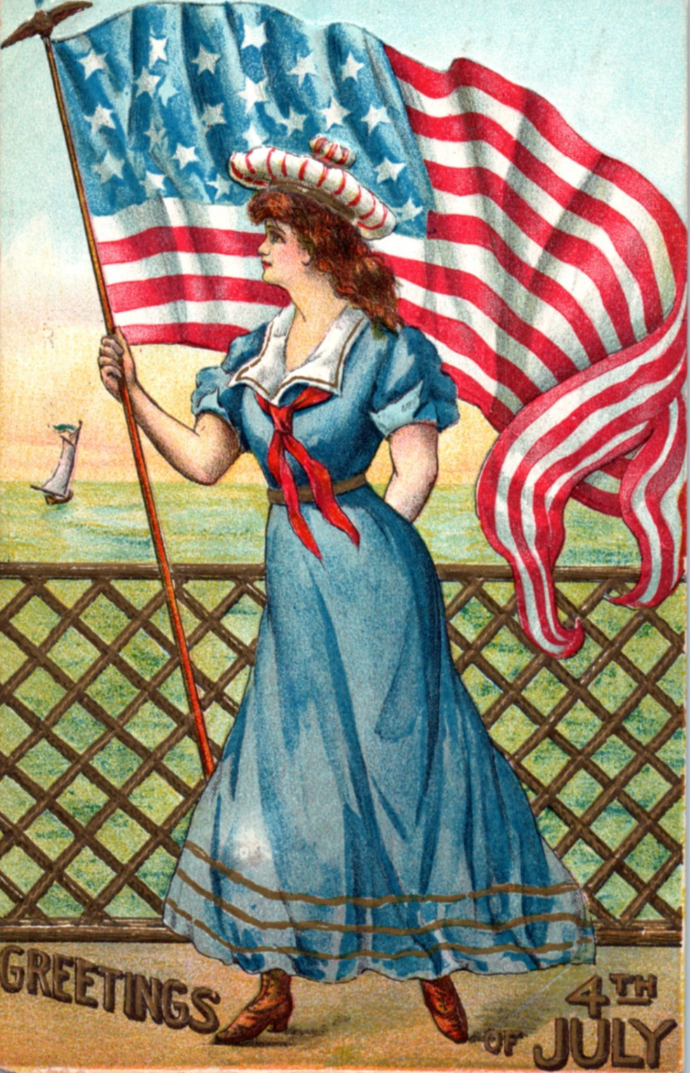 July 4th Independence Day Pretty Lady Patriotic Postcard