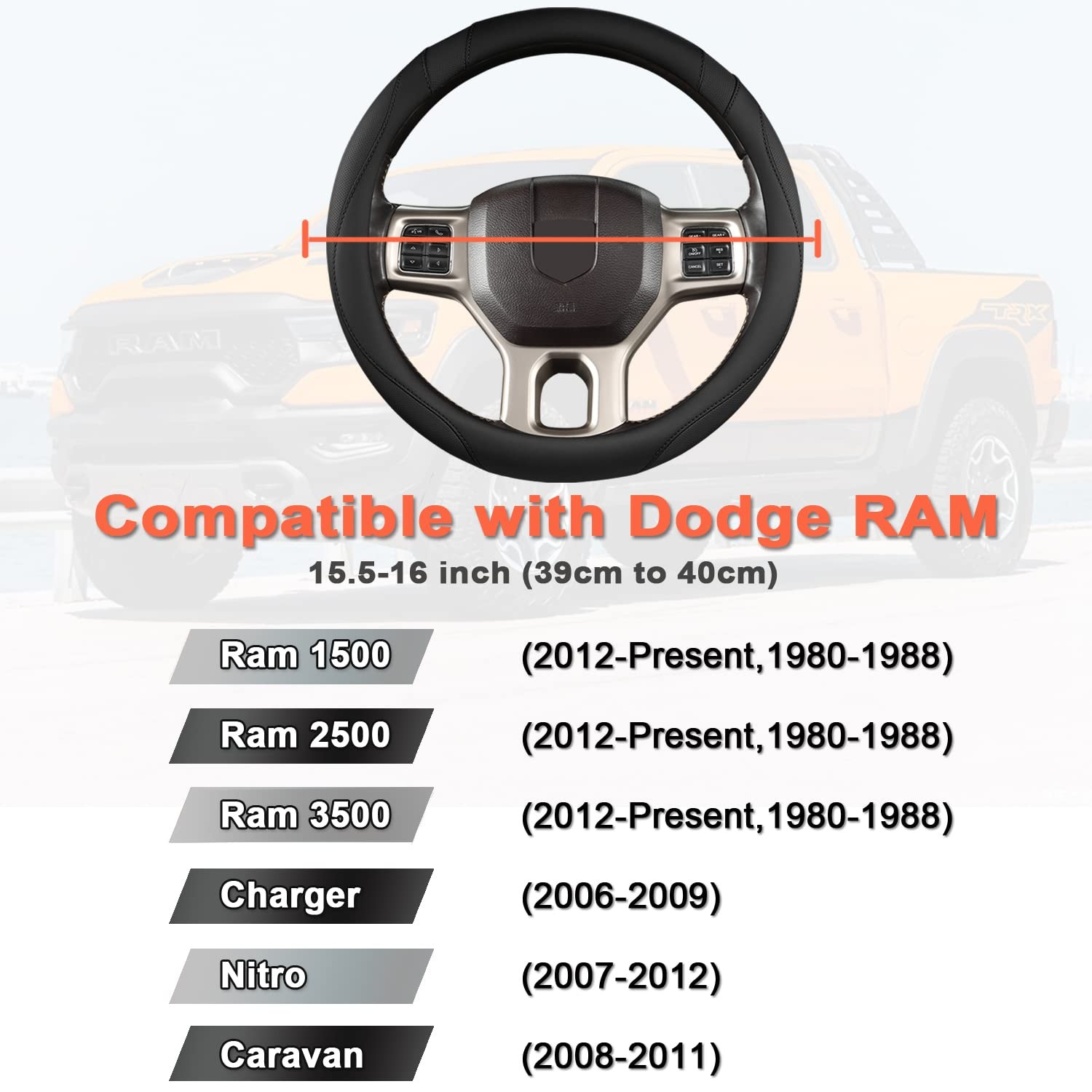 Customized Auto Car Steering Wheel Cover for Dodge RAM 1500 2500 3500, 15.5-1…