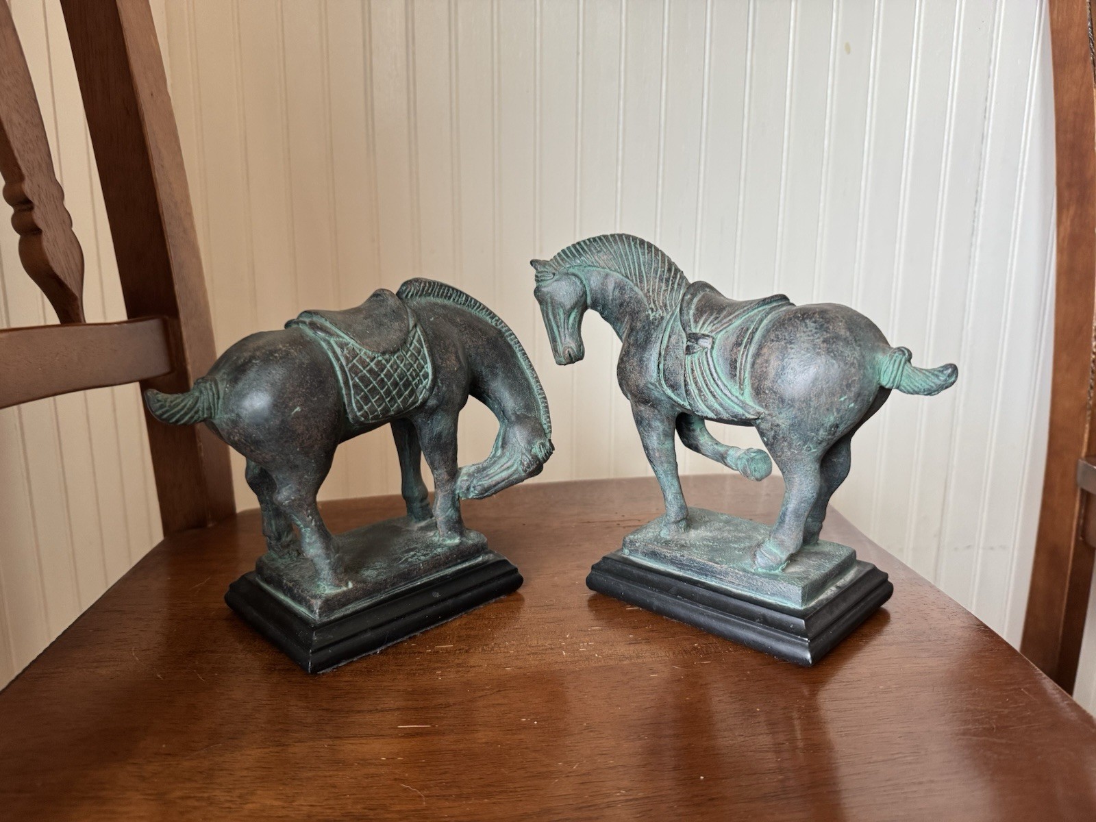 Pair Vintage Bronze Tang Horses – Solid Cast Bronze with Patina 7.5” × 8.75”
