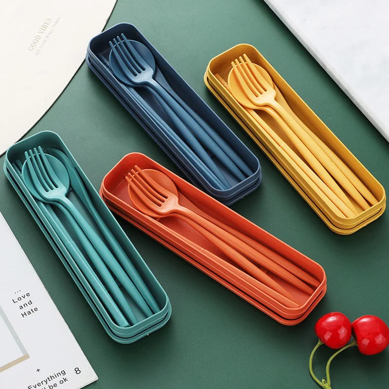 4Pcs Wheat Straw Dinnerware Set Portable ravel Cutlery Reusable Chopstick Fork K