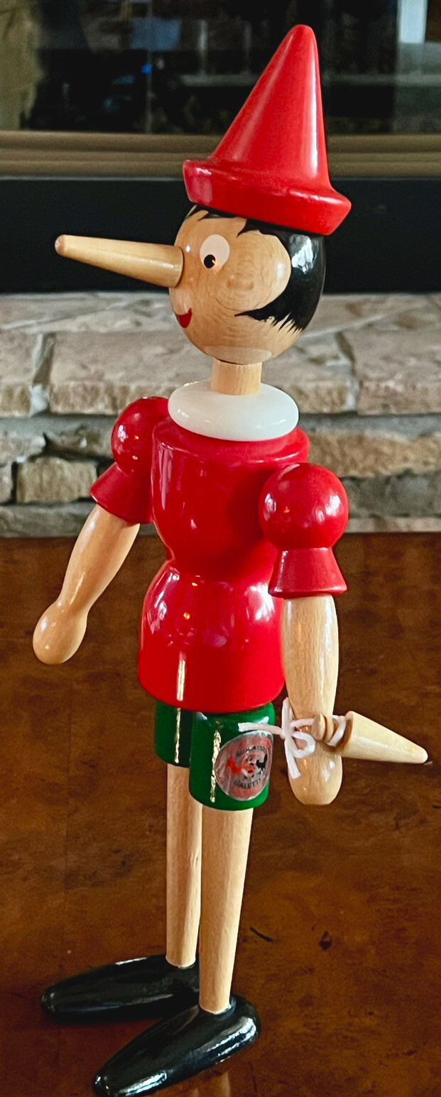 Vtg Galetti Pinocchio Italy Wood Figurine 16.5 in Dual Noses Tag Geppetto Milano
