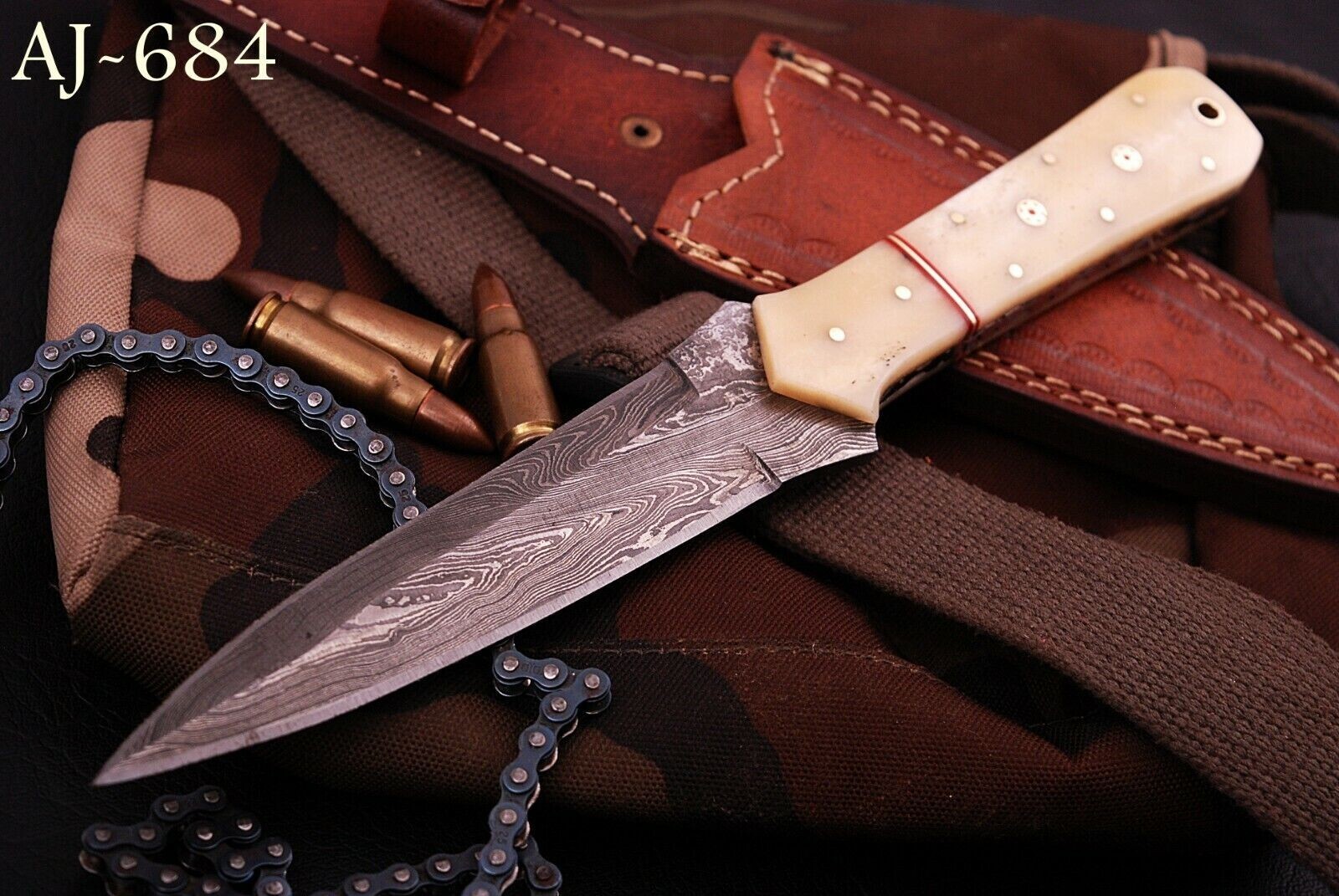 CUSTOM HANDMADE DAMASCUS STEEL DAGGER HUNTING BOWIE BOOT KNIFE CAMEL BONE HANDLE