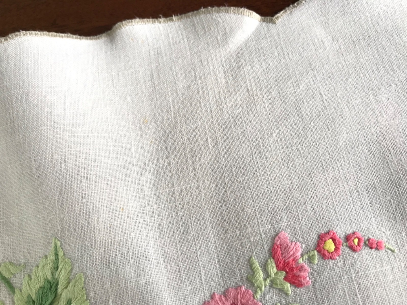 Vintage hand Embroidered Tablecloth Flowers Hollyhocks 32×33 inches
