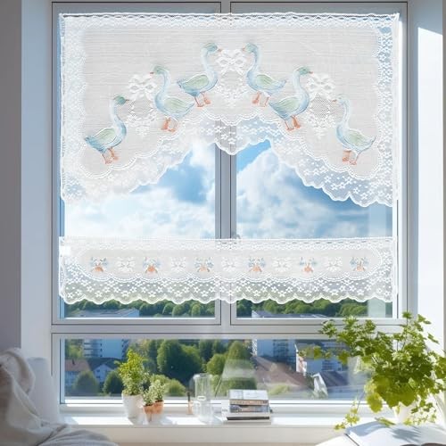 2 Panels Set Lace Valance Curtains, Vintage White Floral Swan Embroidered Cafe