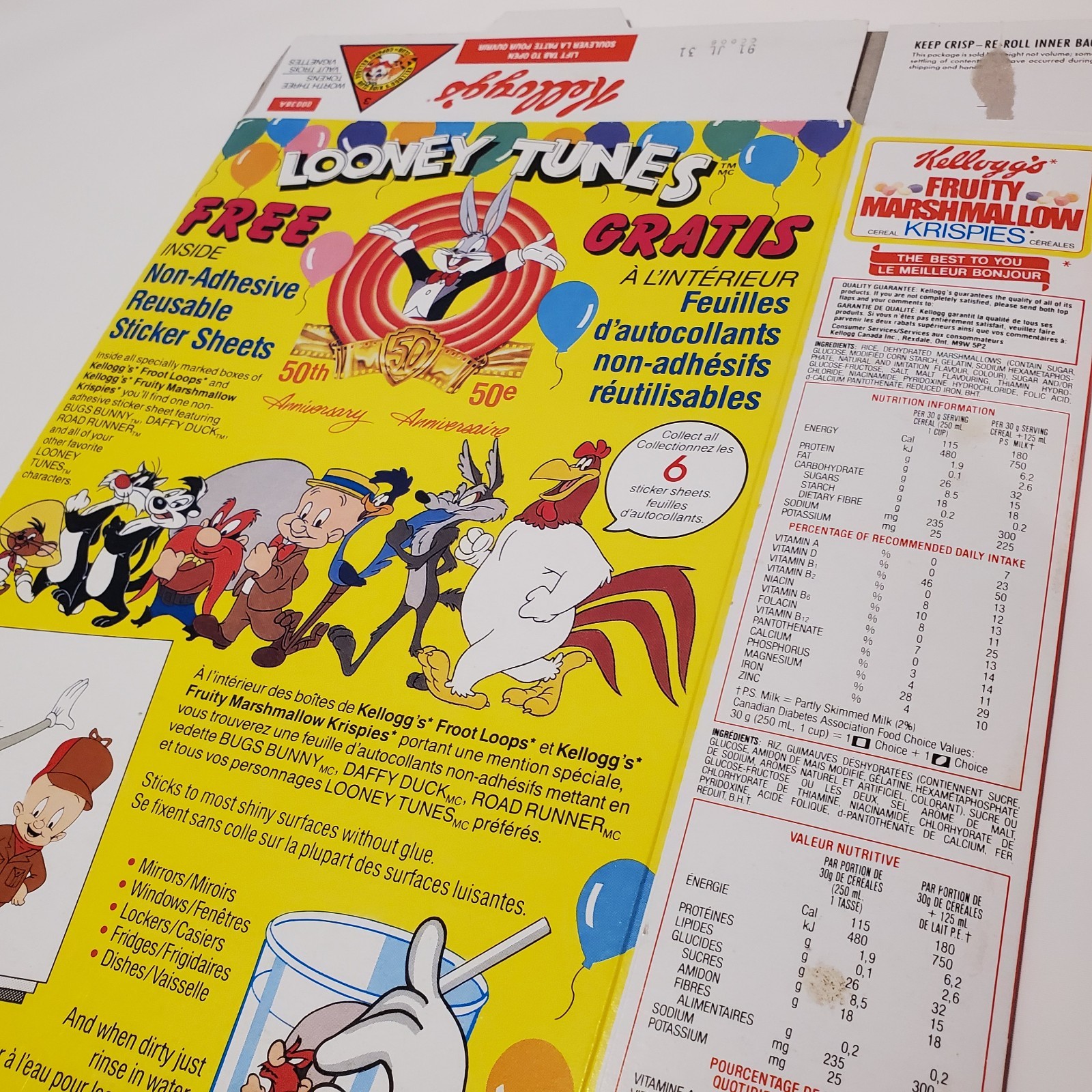 Vintage 1990 1991 Kelloggs Fruity Marshmallow Krispies Cereal Box Looney Tunes