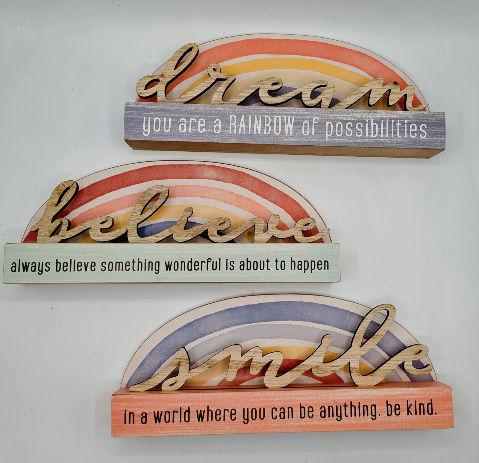 Believe Dream Smile Rainbow Inspirational Tabletop Sign Set 3 Wood 8″x3.5″
