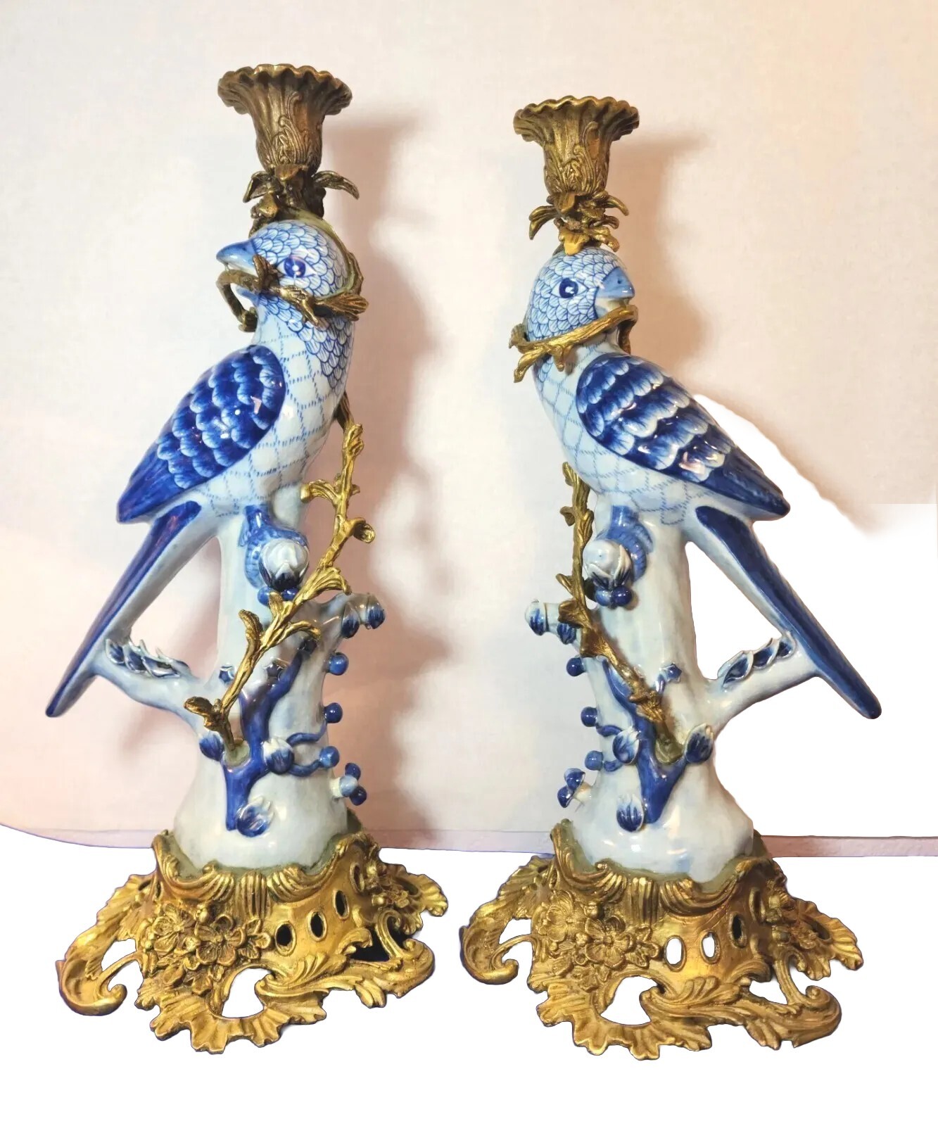 Vtg. Pair Of Large Hollywood Regency Ceramic Blue Parrot Bird BrassCandleholder