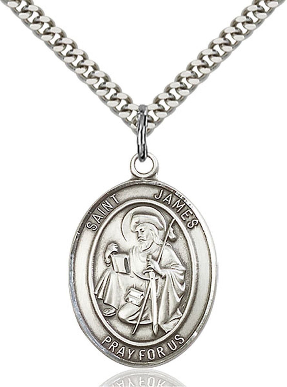 Pewter Saint James the Greater Oval Medal Pendant Necklace 24″ Chain GiftBox