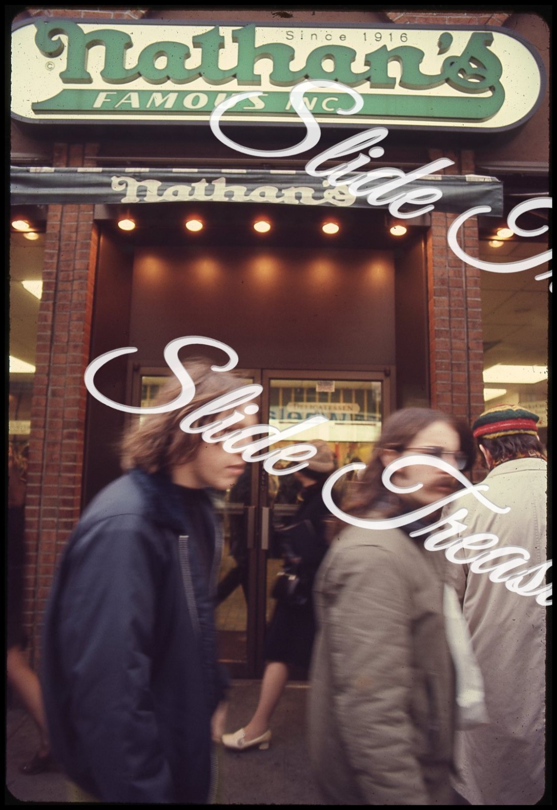 New York City Nathans Hot Dogs Sign Hippie Men 35mm Slide 1970s