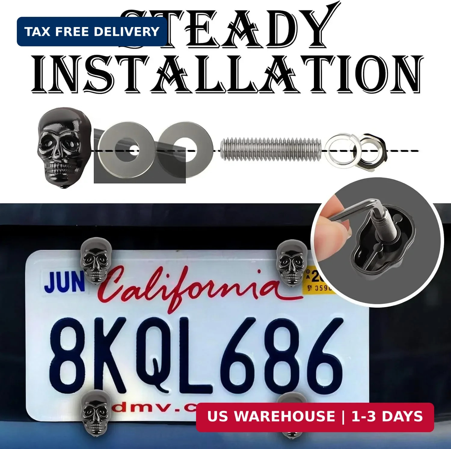4PCS Skull License Plate Screws,Gothic Cool Skull License Plate Bolts Kit with 4