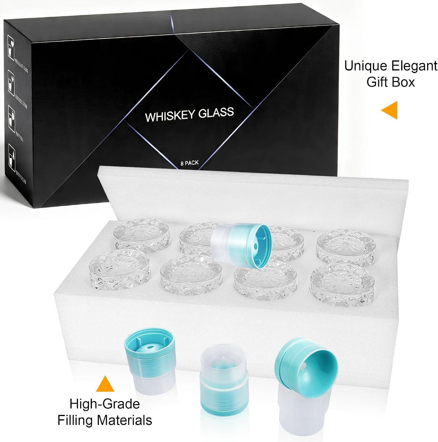 Whiskey Glasses Set of 8 w/ Ice Ball Molds, 11oz Old Fashioned Glass