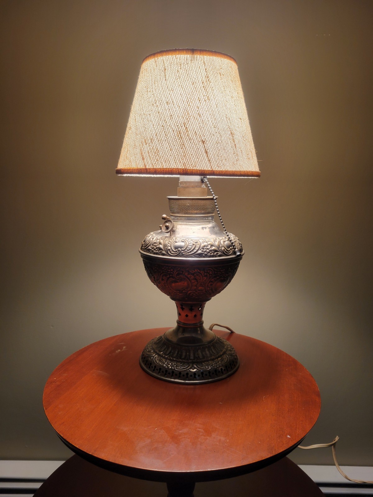 ORNATE EMBOSSED VICTORIAN TABLE KEROSENE LAMP – ELECTRIFIED -shade Not Included
