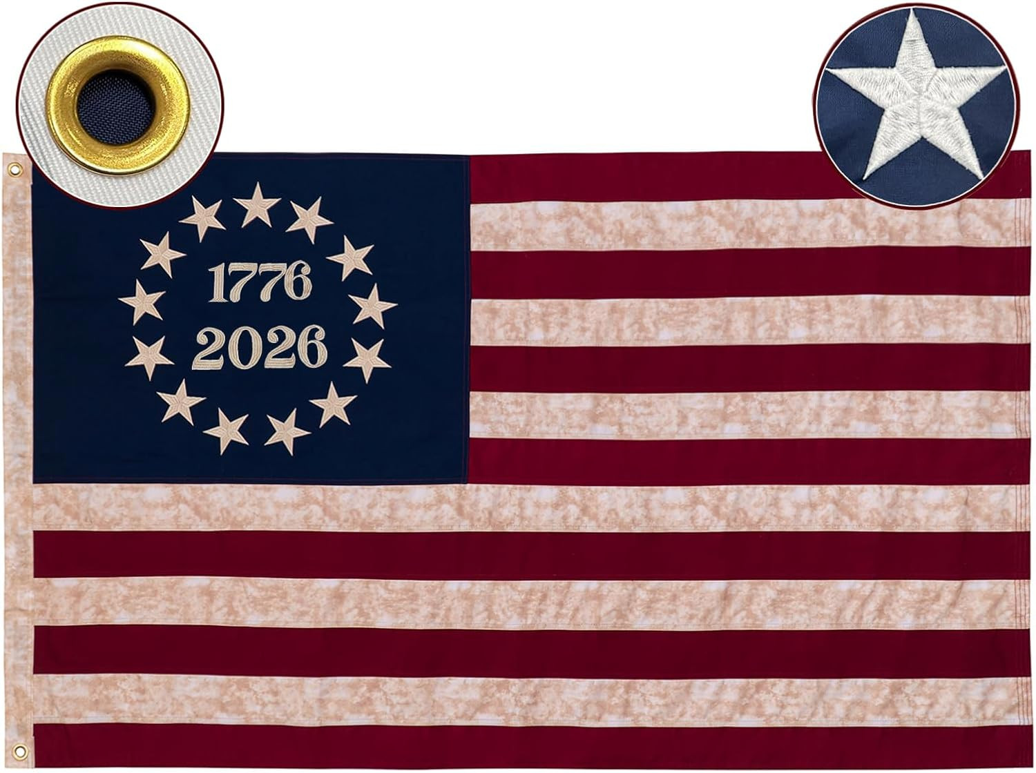 250Th Anniversary USA Flag , Vintage Cotton Betsy Ross 3X5 Ft Flag, Embroidered