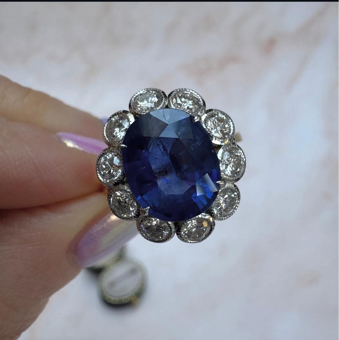 4.62 Ct Blue Sapphire & Diamond Halo Ring Oval Cut 14K Gold Finish Vintage Style