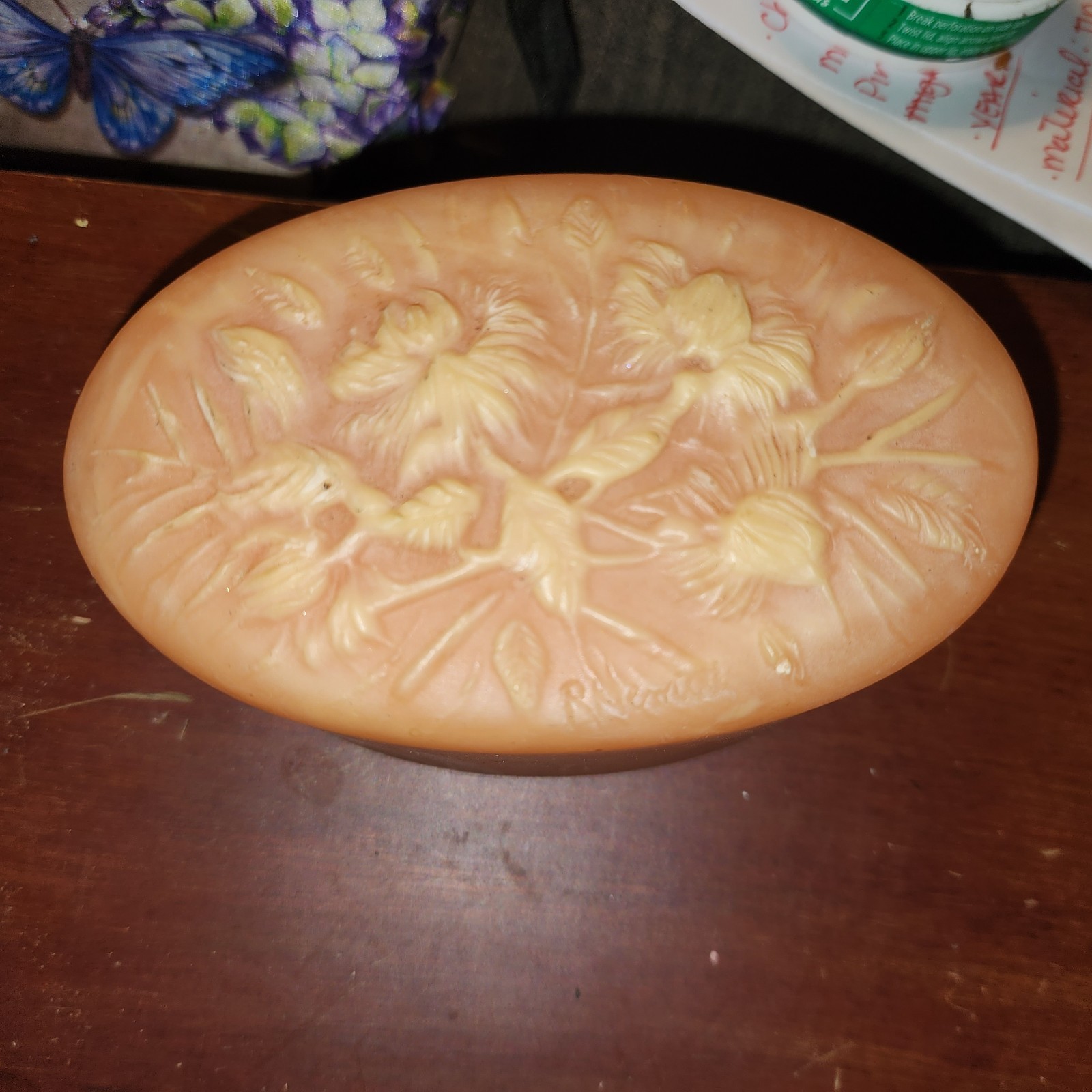 Vintage Robert Nemith Signed Pink Incolay Stone Floral Trinket Box Lift-Off Lid