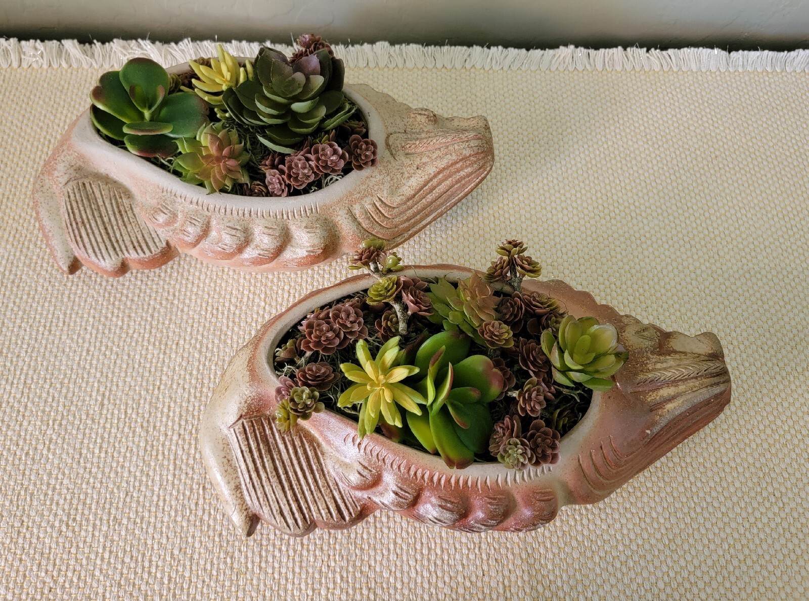 Vintage MCM Ceramic Fish Planters With Faux Succulents Lot of 2
