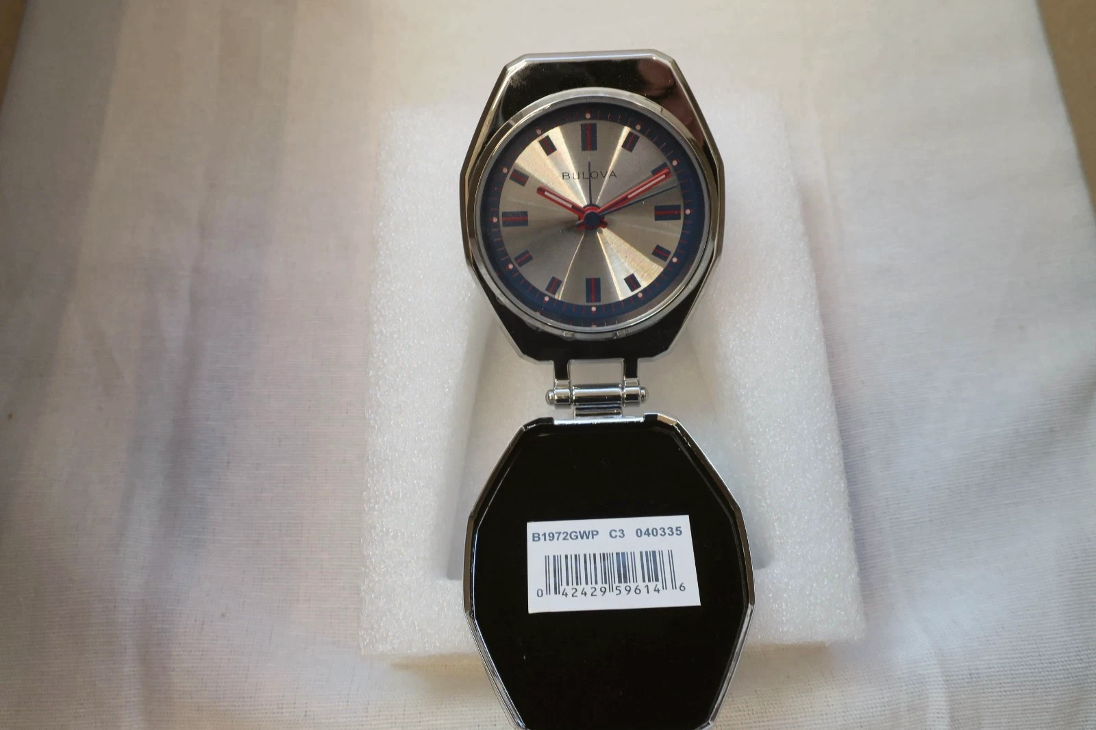 Bulova Folding Travel Alarm Clock – Silver-Tone Octagon Case, Red Accents, Quart