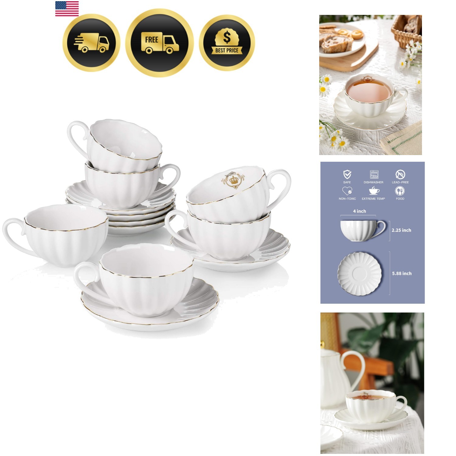 Tea Cups and Saucers Set Porcelain Gold Trim 6 Piece 8oz Gift Box Home