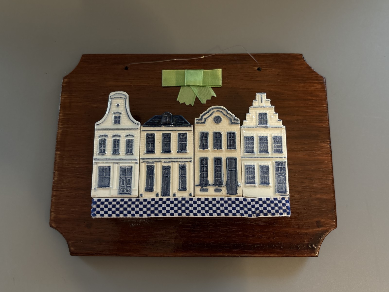 Vintage Huis Ten Bosch Delft Blue Style Ceramic Houses Wood Wall Plaque Japan