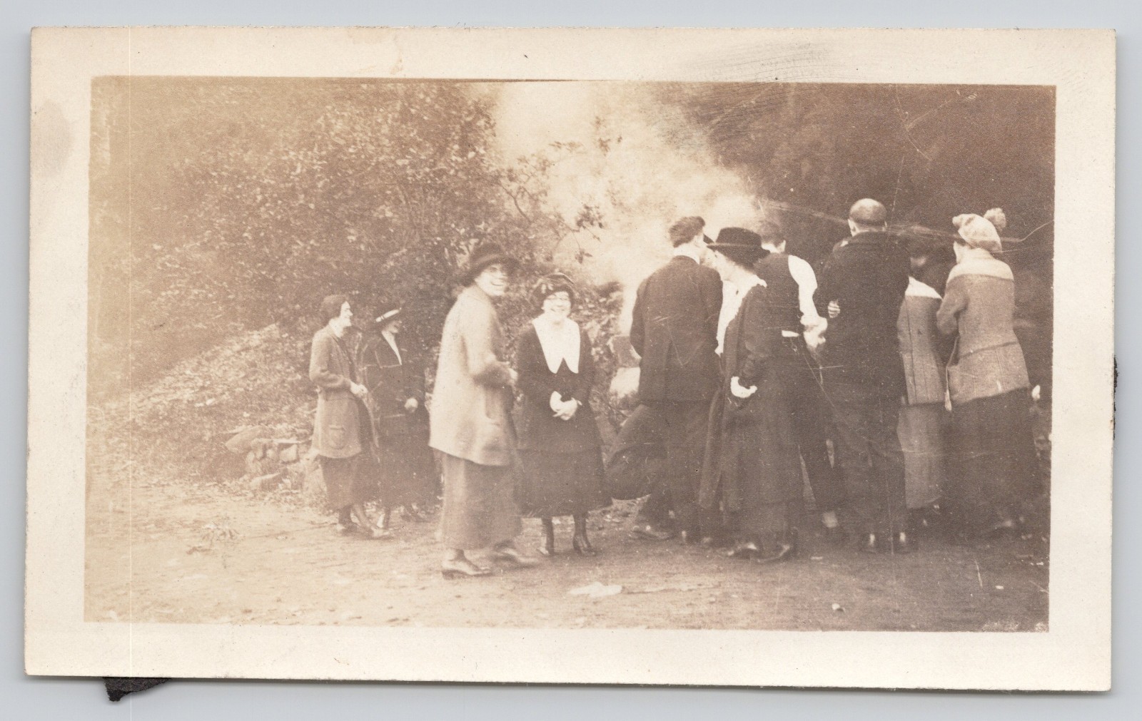 Antique Photo c1919 Group of People Laughing Near Fire at Columbus Day Picnic