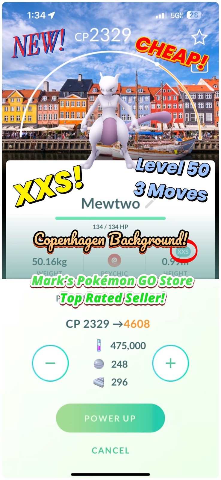 Pokemon XXS SIZE! Level 50 Shiny Mewtwo Copenhagen Background 3 Moves TR-ADE Go