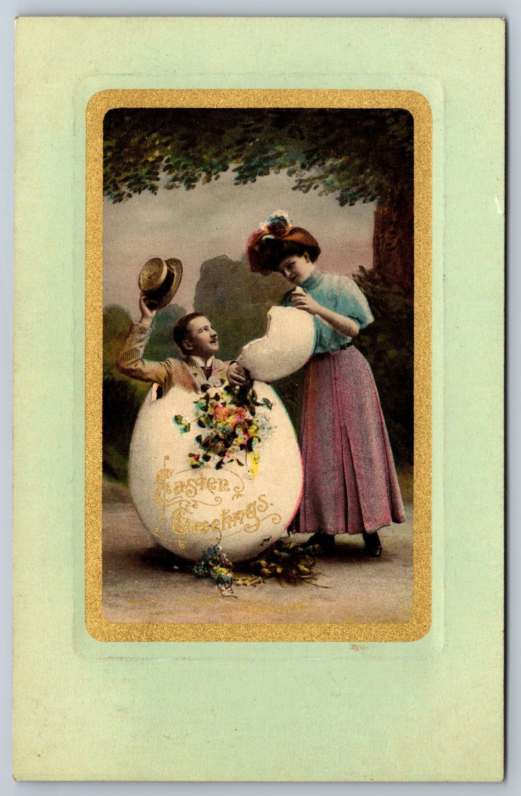 Postcard Easter Beautiful Woman Man Tipping Hat Eggshell Exaggeration Gilt