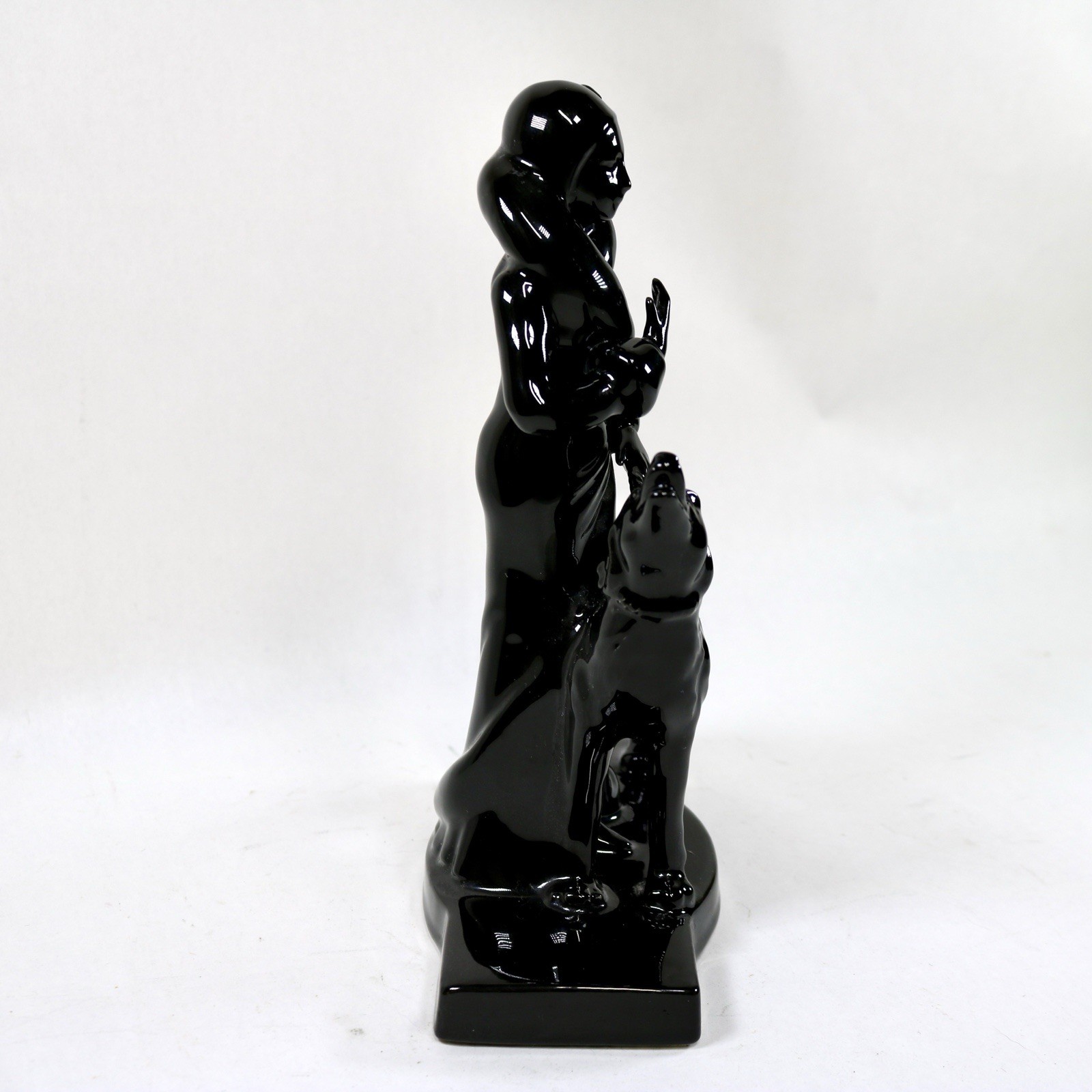 1982 Erté Style Art Deco Gloss Black Statue Woman Walking Dog by Seymour Mann