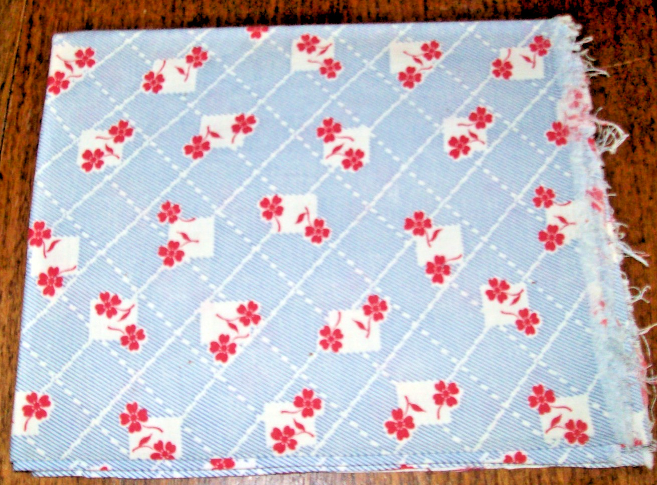 Vtg Feed Sack Fabric -Red Clovers on Blue 1930’s-1950’s -37″ x 44″