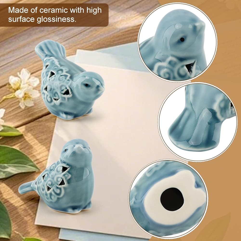 Small Ceramic Bird Figurines Set, 2 Pieces, Blue Glazed, Flower Detail