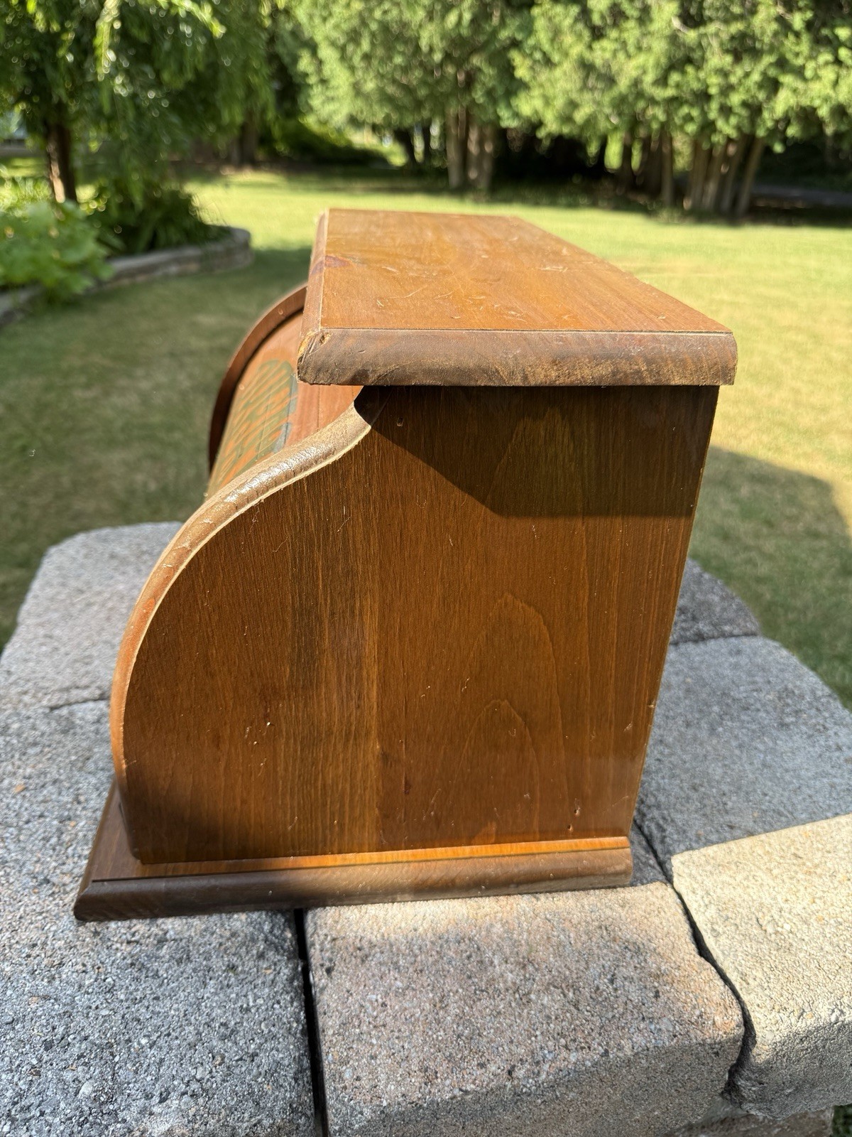 Vintage Wood Bread Box with Roll-Top Lid 15″ Wide MCM Breadbox USA Cottage Core