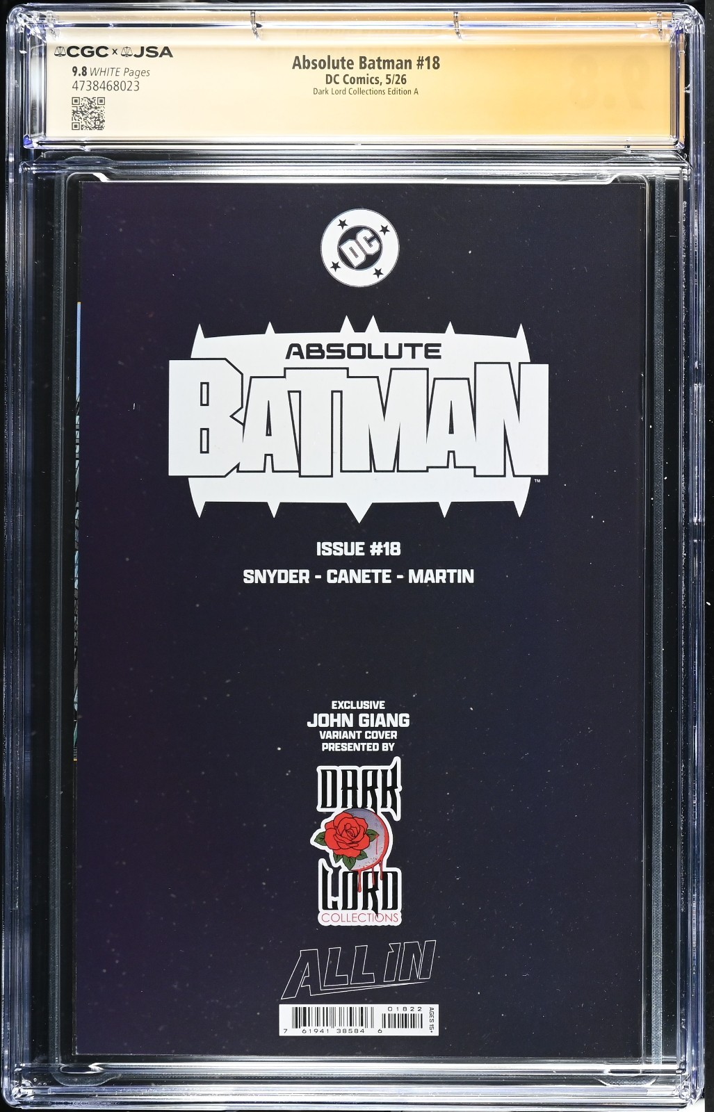 Absolute Batman #18 CGC 9.8 NM/M Signed JOHN GIANG Dark Lord Collections Variant