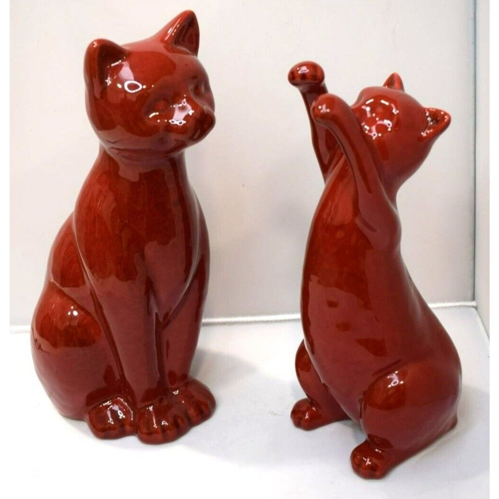 Mid Century Modern MCM Brick Red Ceramic Cats Mom 10 inch and Kitten 8 Inch
