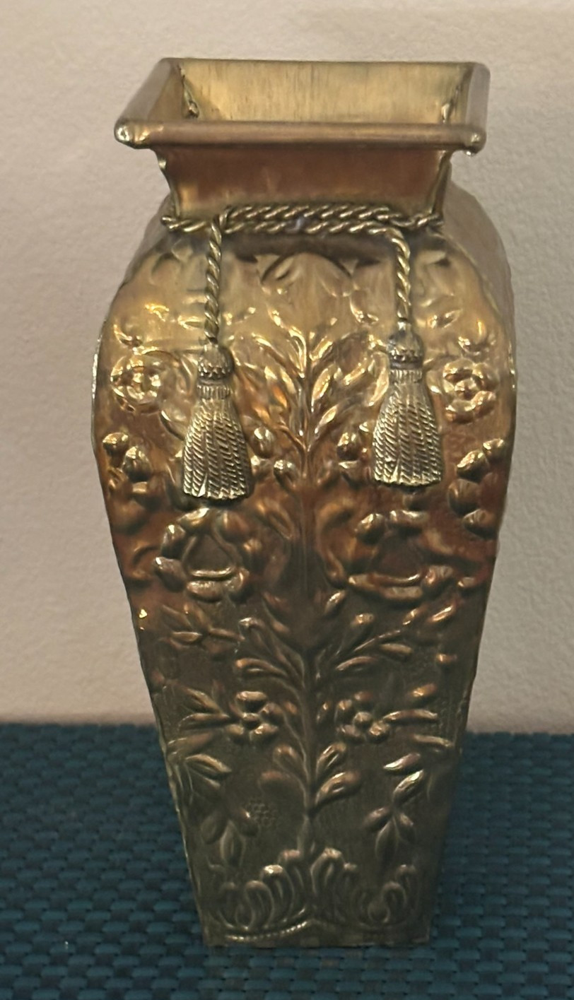 Vintage Embossed Brass Floral Design Vase With Tassel Rope Design 10.5” Tall