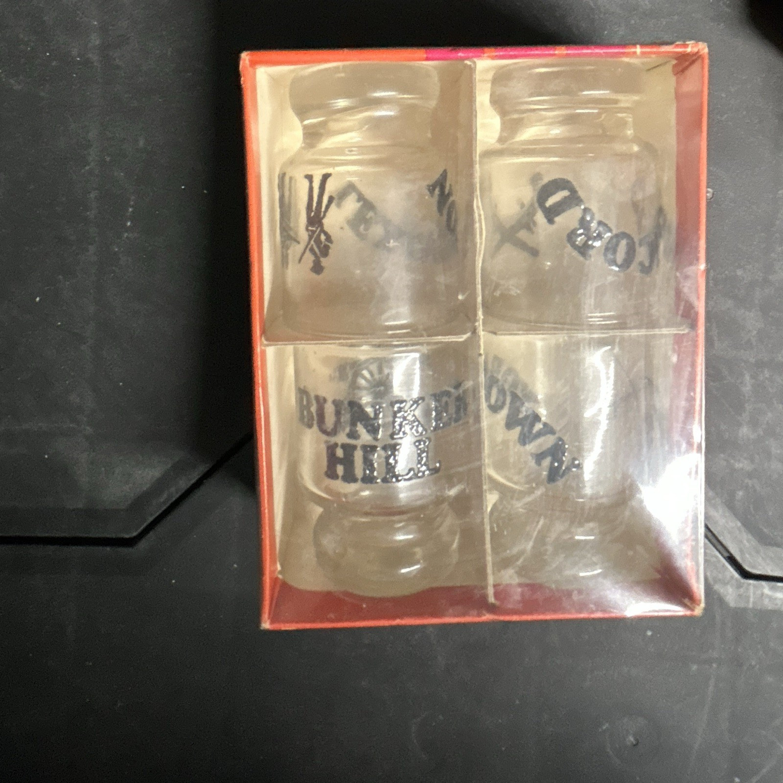 Set of 4 Clear Printed Glass Shot Glasses 1.5 fl oz Round in Box