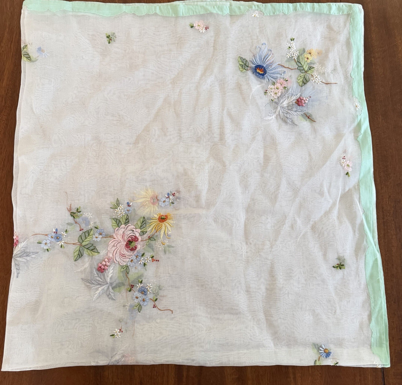 Vintage Madeira Hand Embroidered Organdy Linen Tablecloth 50×50 Floral Pastel