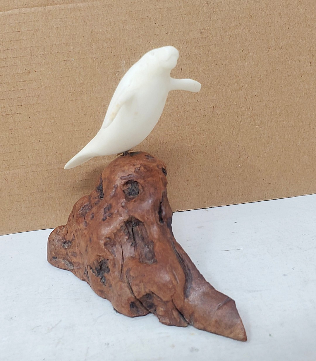 John Perry Manatee Sculpture – Burl Wood Base – Vintage – Matte White Pellucida