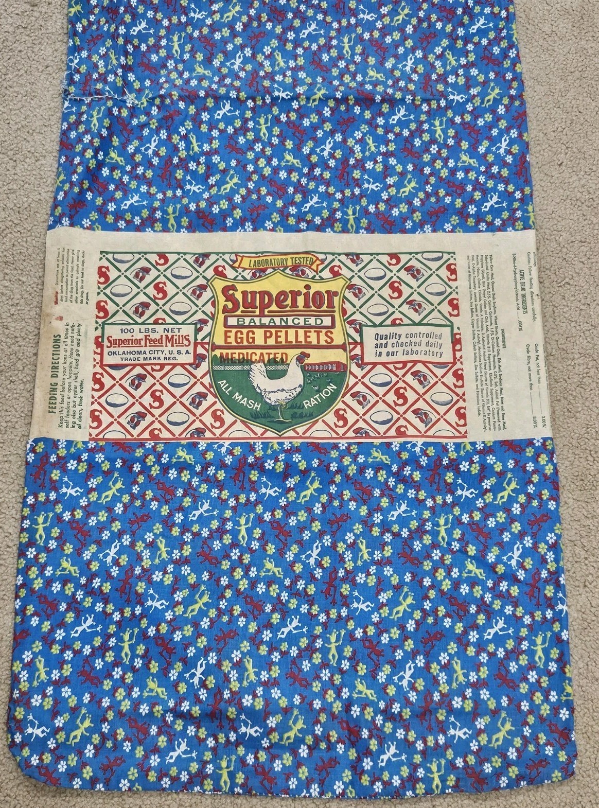 Vtg Lg Feedsack Full Double Sided Superior Egg Pellets Oklahoma City Ok Label