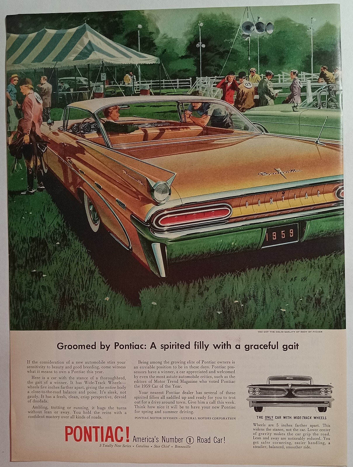 1950s Groomed PONTIAC Bonneville Orange Chrome Green 1959 Colorful Vtg Print Ad