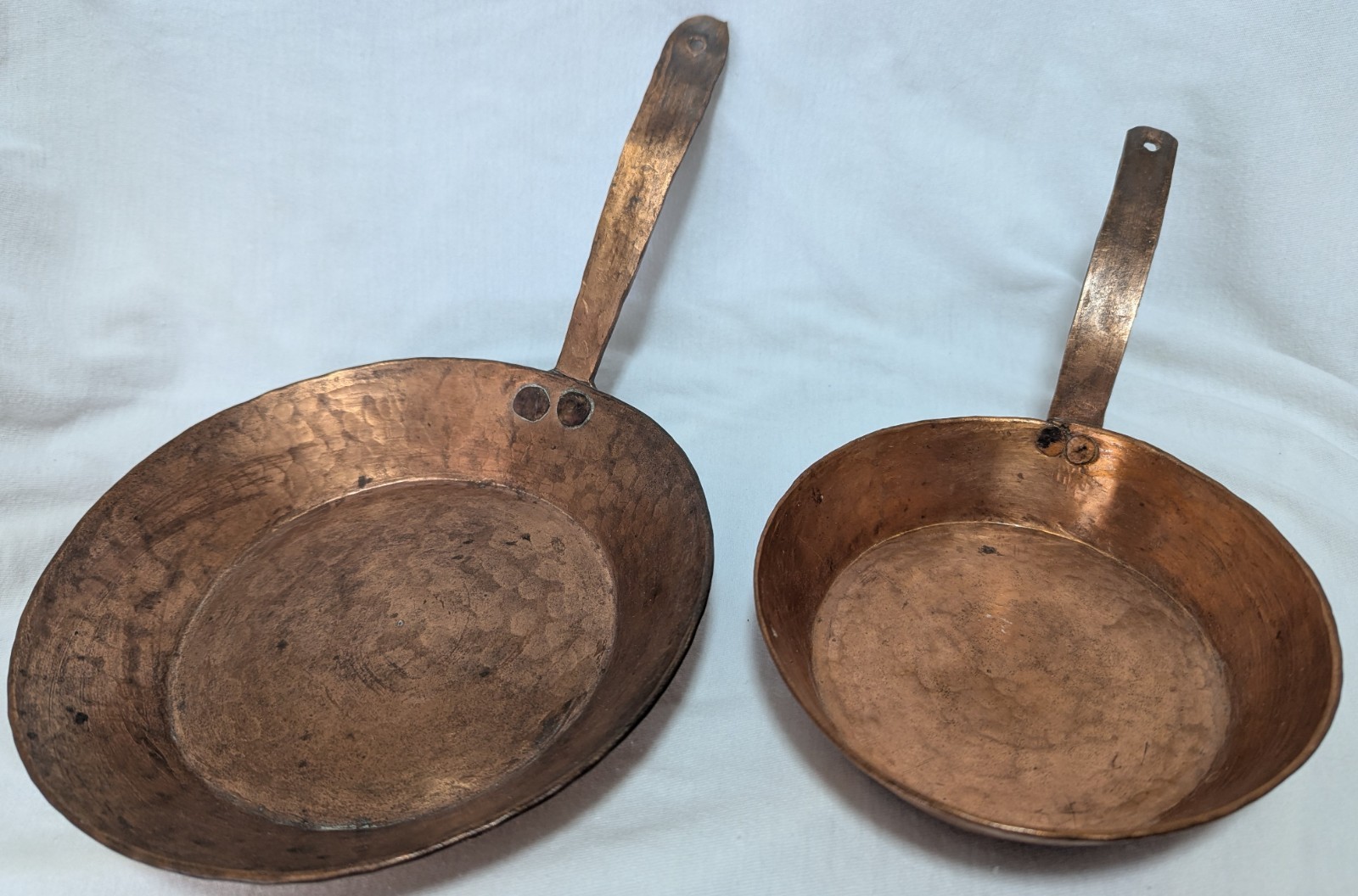 Two Primitive Hand Forged Hammered Solid Copper Fry Pans Riveted Handles