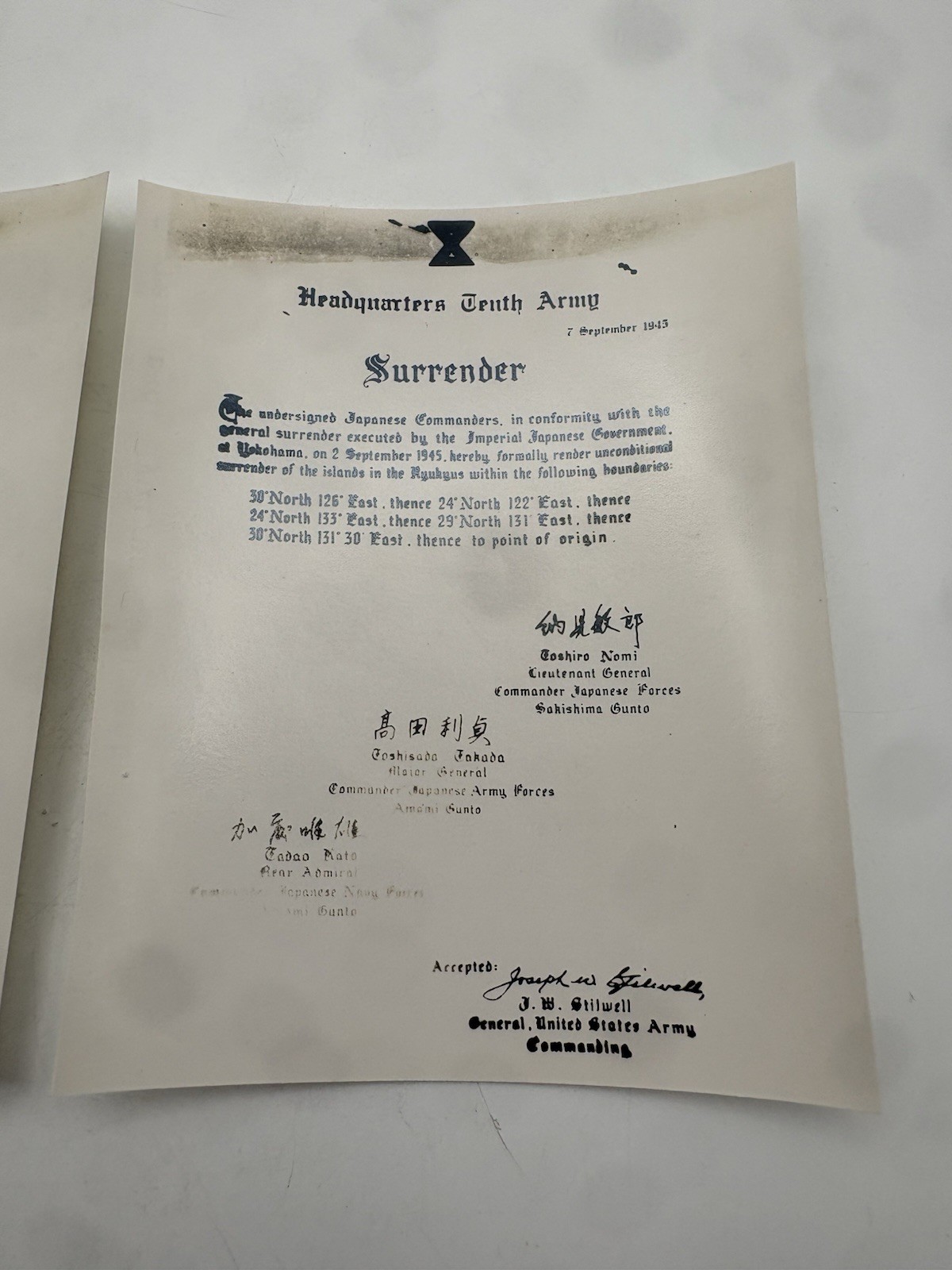 WWII Japan Surrender of Ryukyus Document Press Photo 1945 Gen Joseph Stilwell