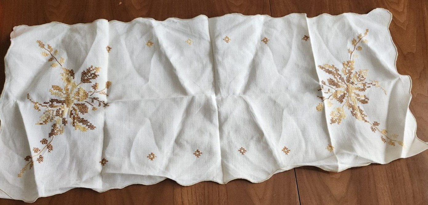 Lace Linen Hand Embroidere Table Runner vintage hand made 13X33″