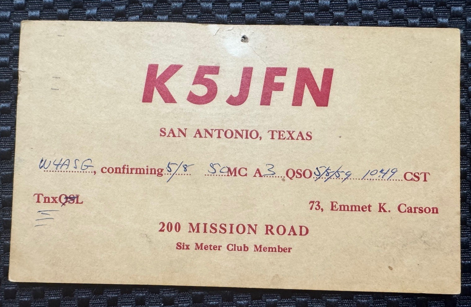 QSL Card – K5JFN San Antonio, Texas USA – 1959 – Posted