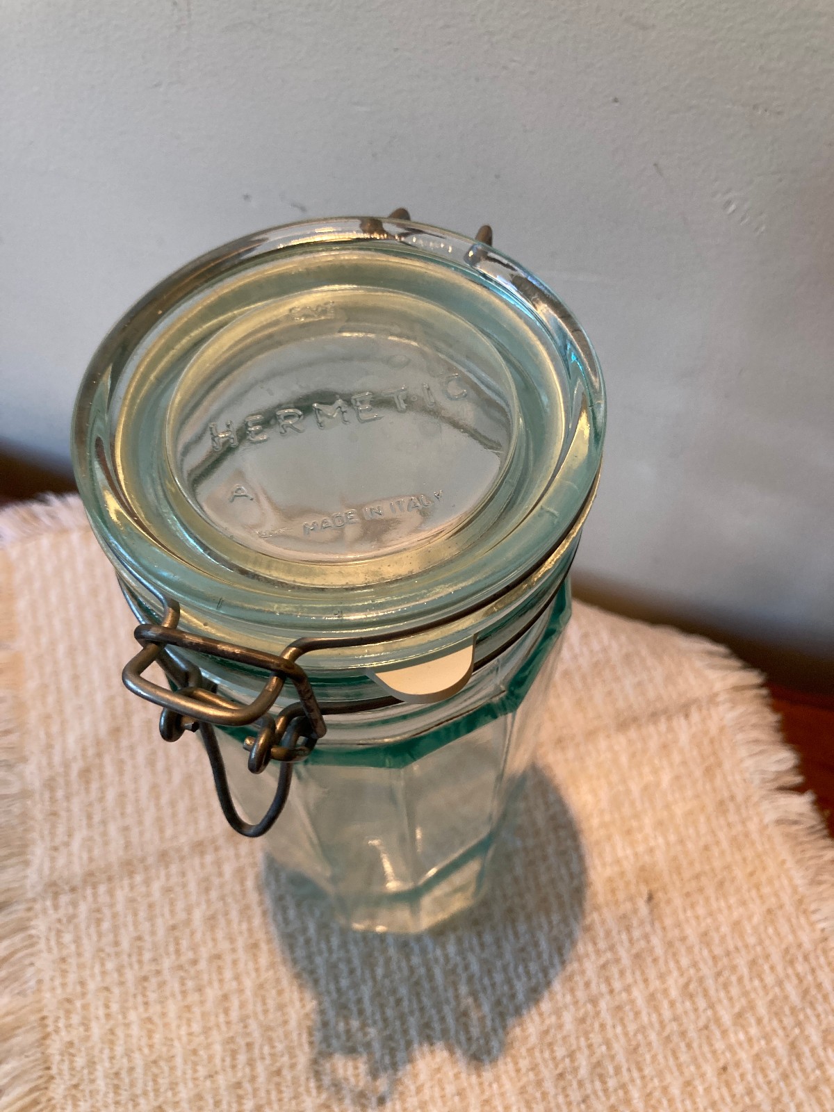 Vintage Hermetic 12-Panel Light Green Glass Storage Jar 11″T Wire Bail Lid Italy