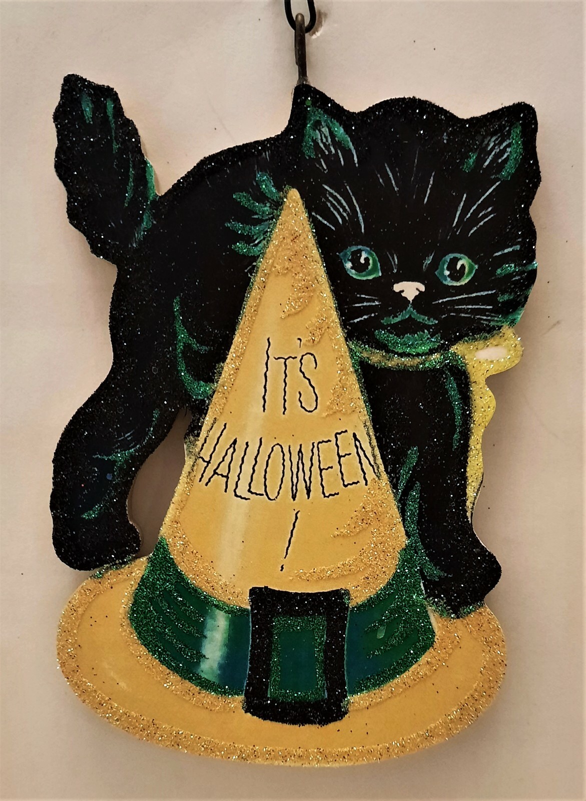 BLACK CAT, KITTEN w YELLOW WITCH HAT * Glitter HALLOWEEN ORNAMENT * Vtg Img