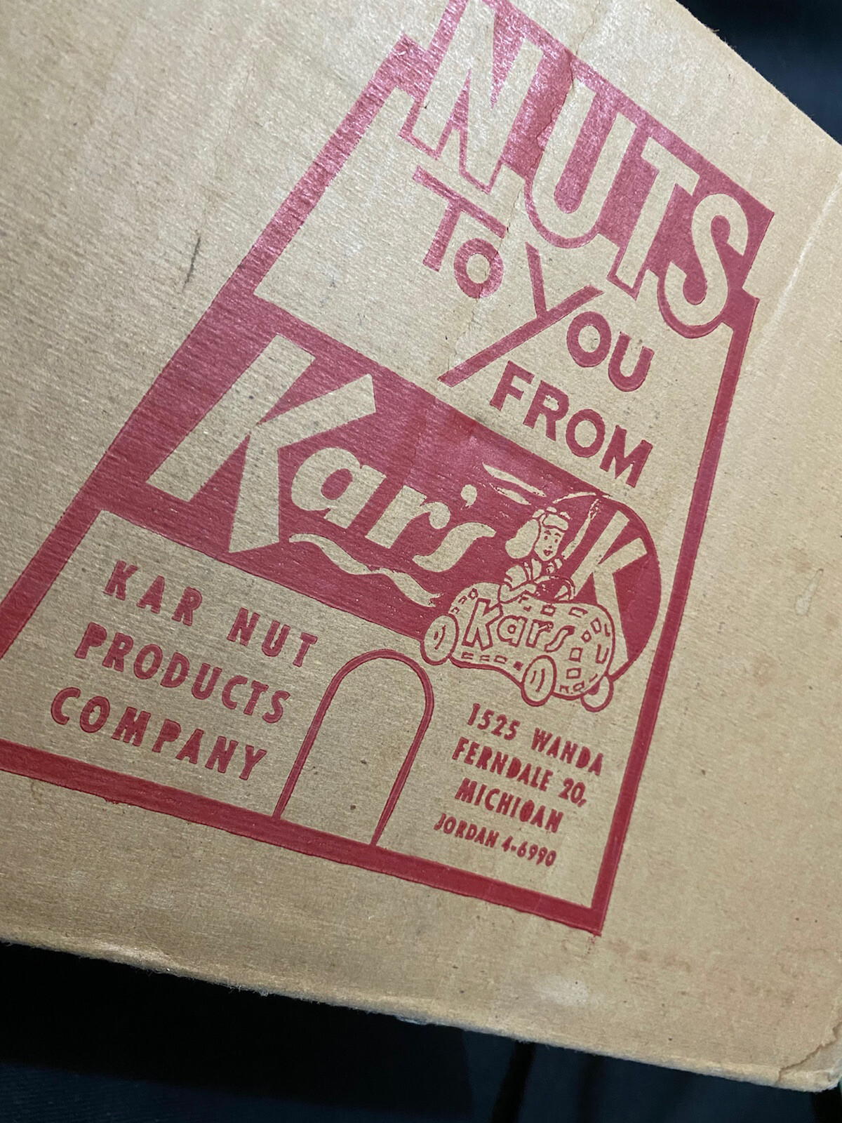 vtg 1960’s Kar’s nuts advertising shipping box ferndale michigan empty box Kars